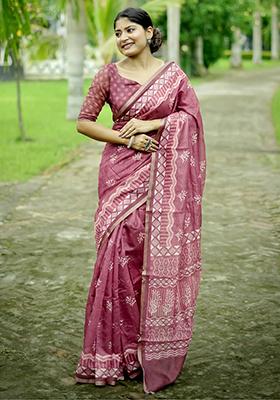 Red Abstract Print Cotton Saree Set
