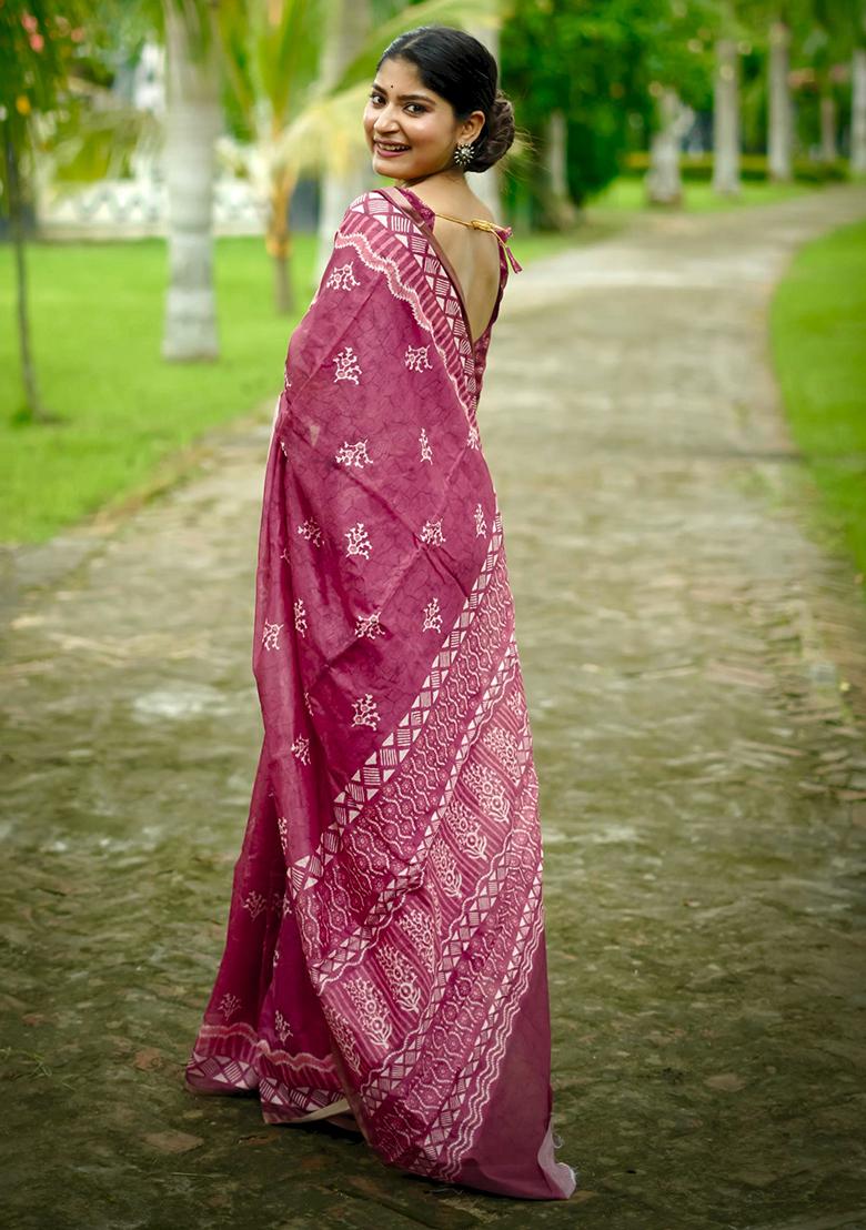 Red Abstract Print Cotton Saree Set