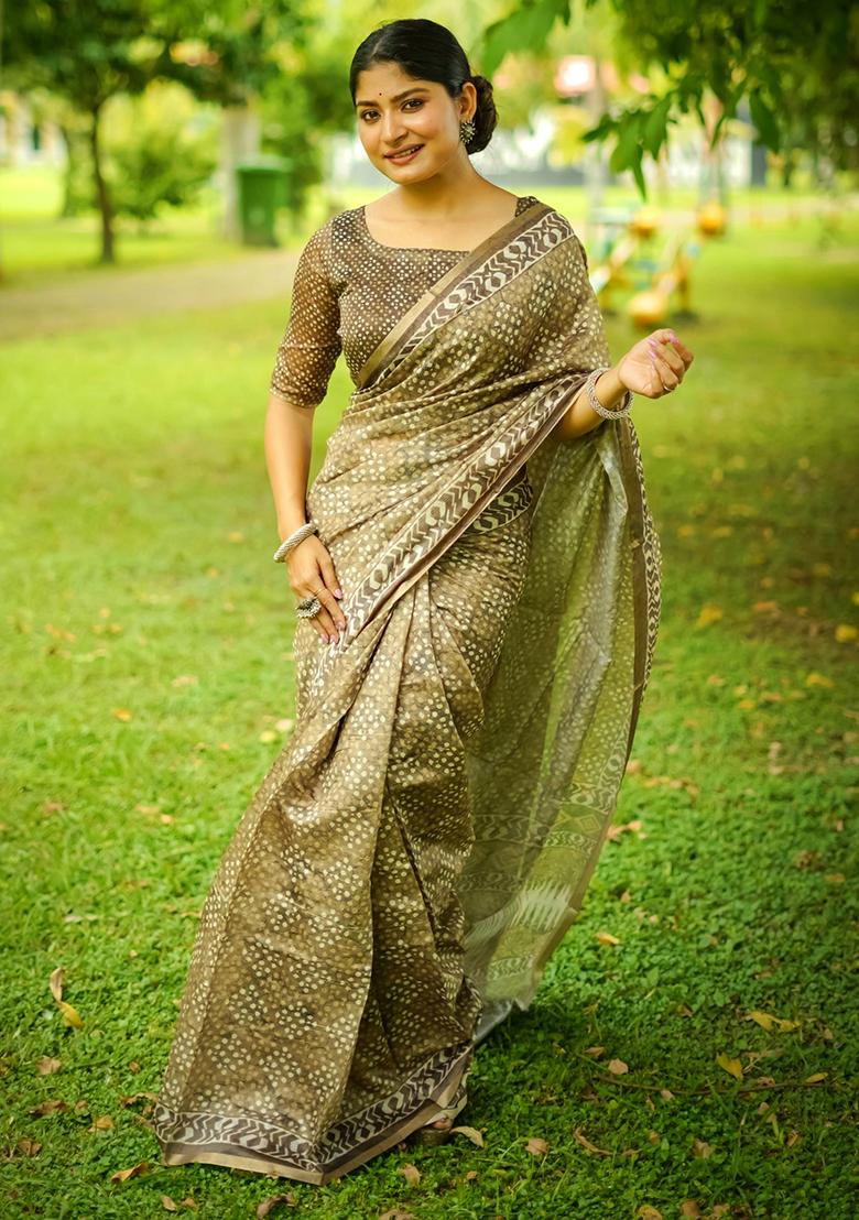 Green Abstract Print Cotton Saree Set