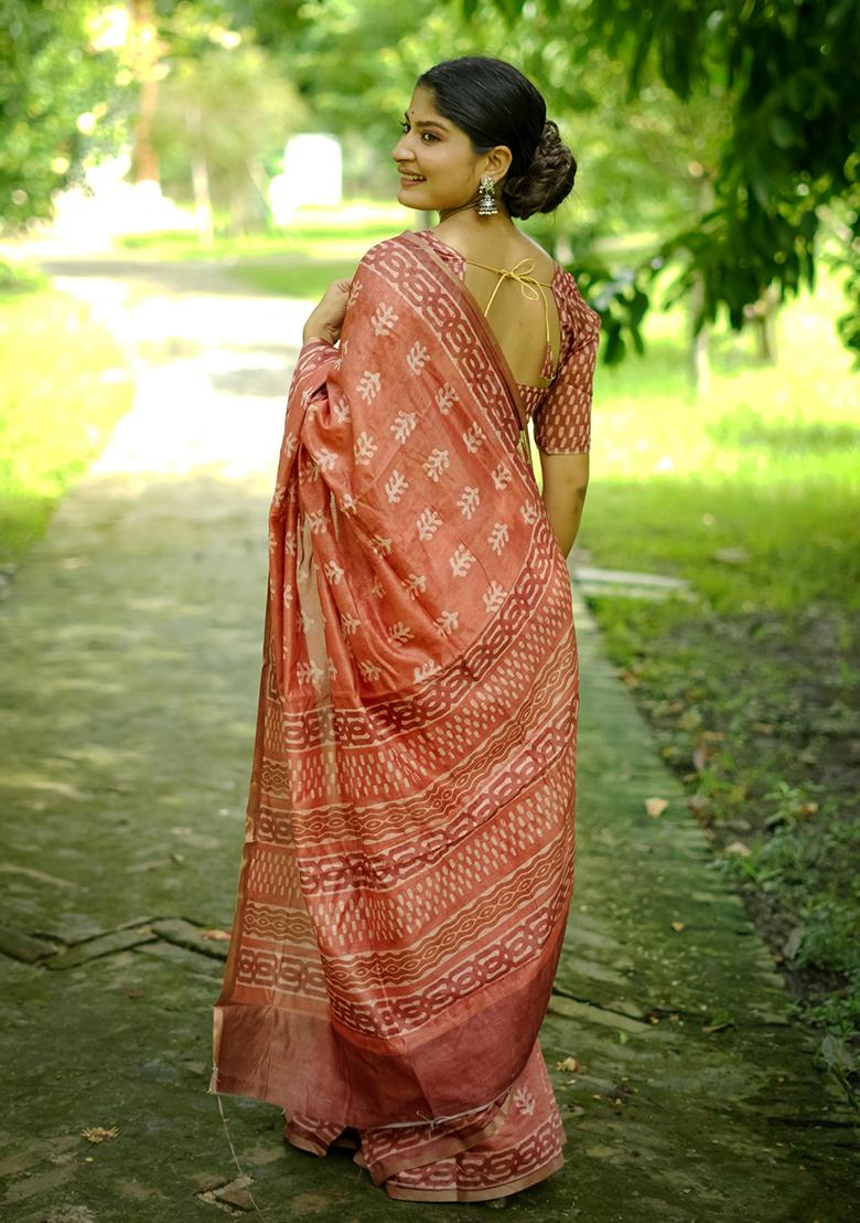 Orange Abstract Print Cotton Saree Set