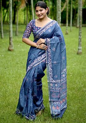 Blue Abstract Print Cotton Saree Set