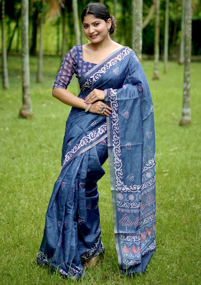 Blue Abstract Print Cotton Saree Set