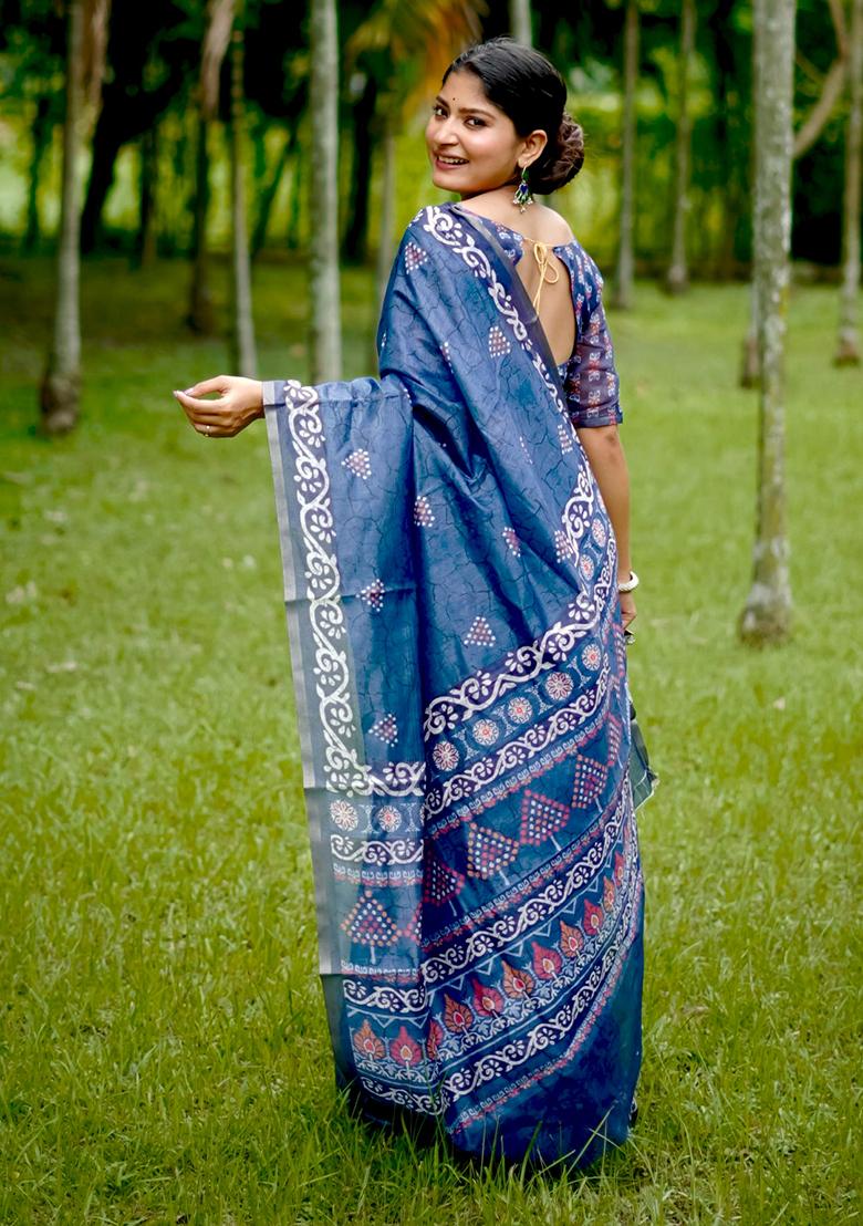 Blue Abstract Print Cotton Saree Set