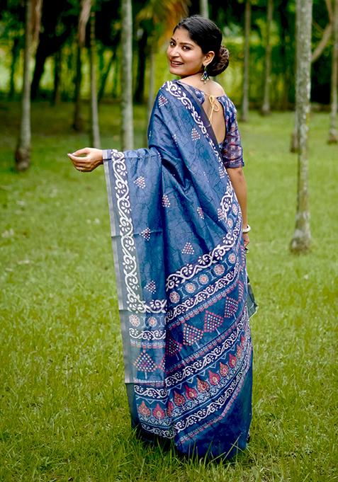 Blue Abstract Print Cotton Saree Set