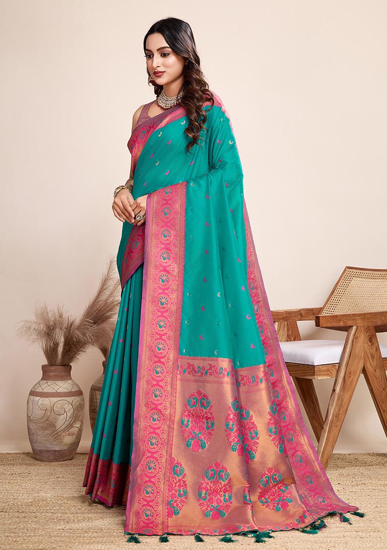 Green Zari Woven Jacquard Saree Set