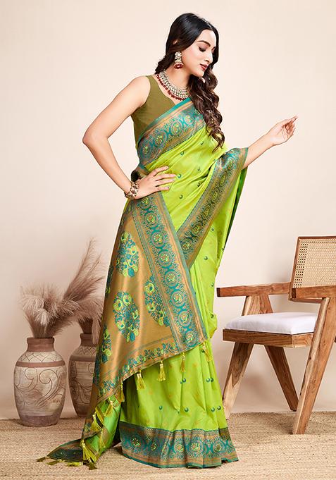 Lemon Zari Woven Jacquard Saree Set