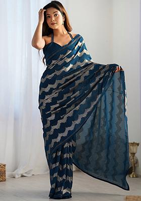 Blue Sequin Work Georgette Saree Set