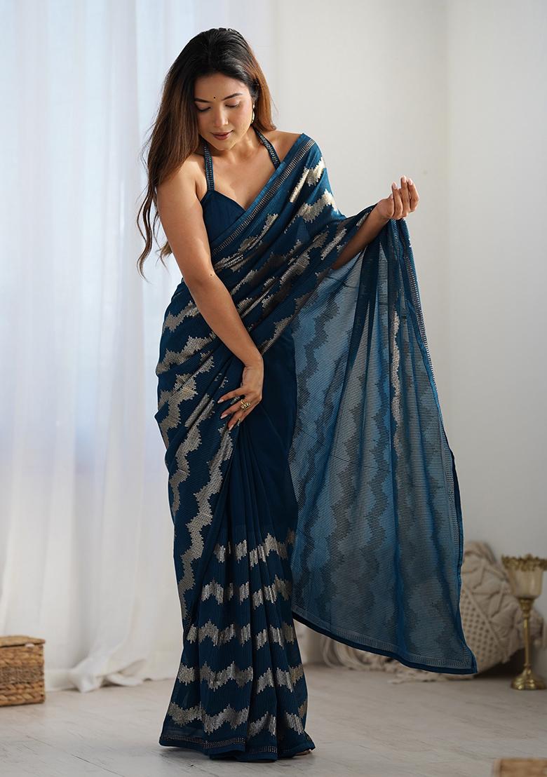 Blue Sequin Work Georgette Saree Set