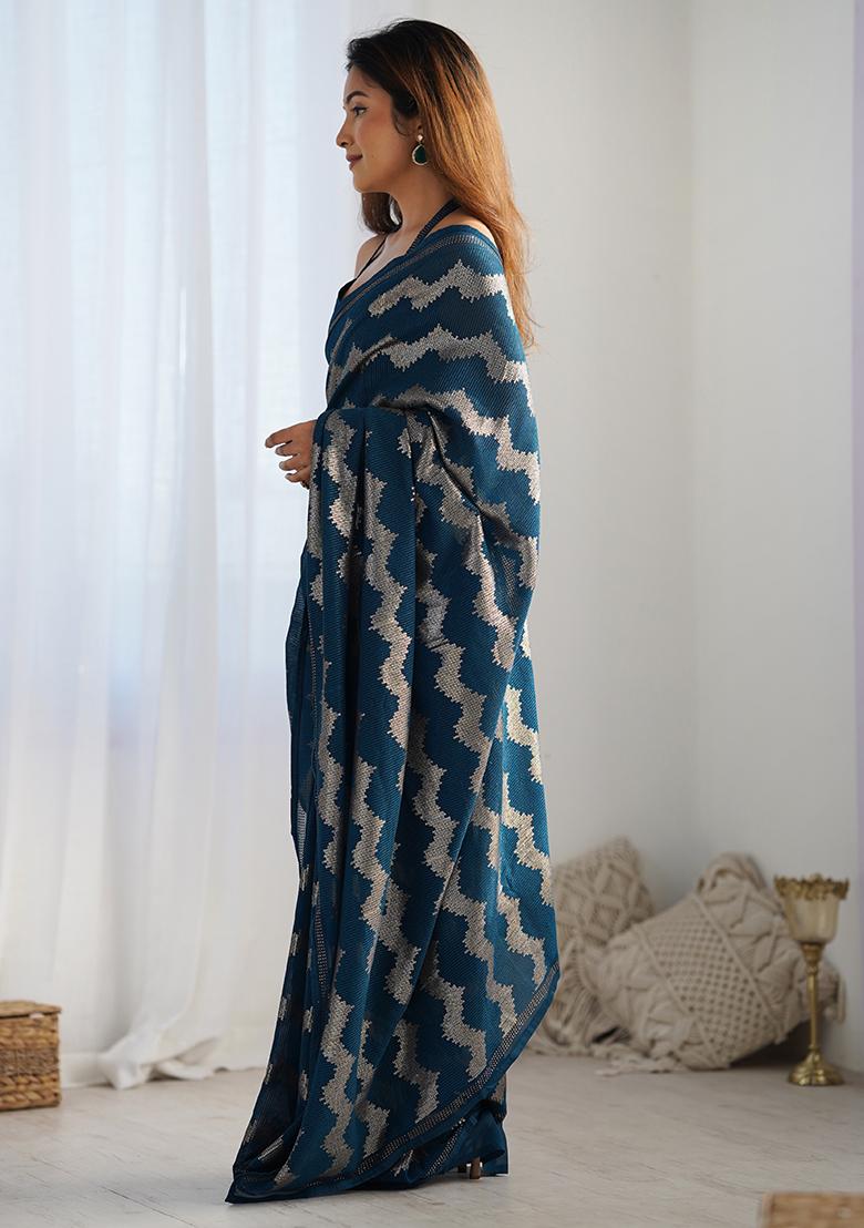 Blue Sequin Work Georgette Saree Set