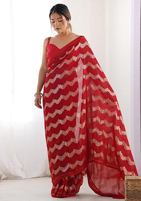 Red Sequin Work Georgette Saree Set