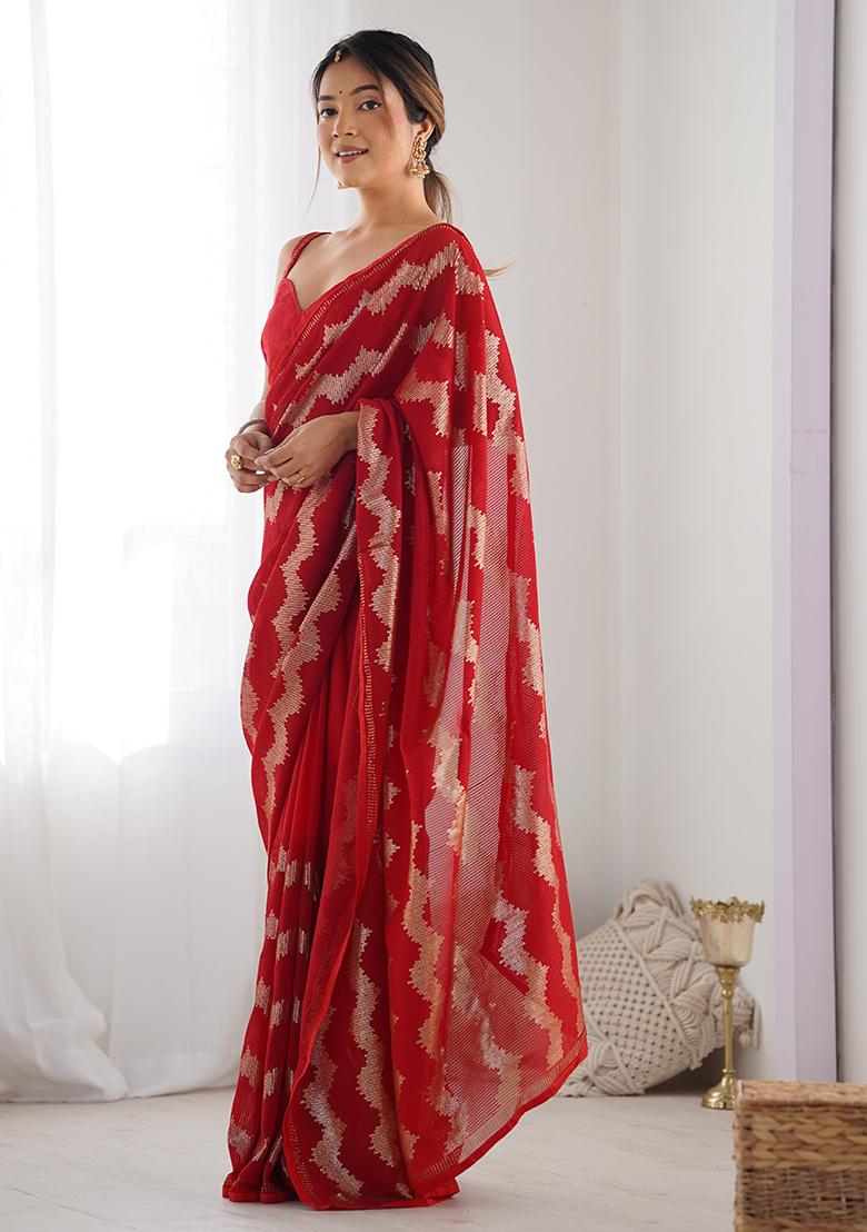 Red Sequin Work Georgette Saree Set