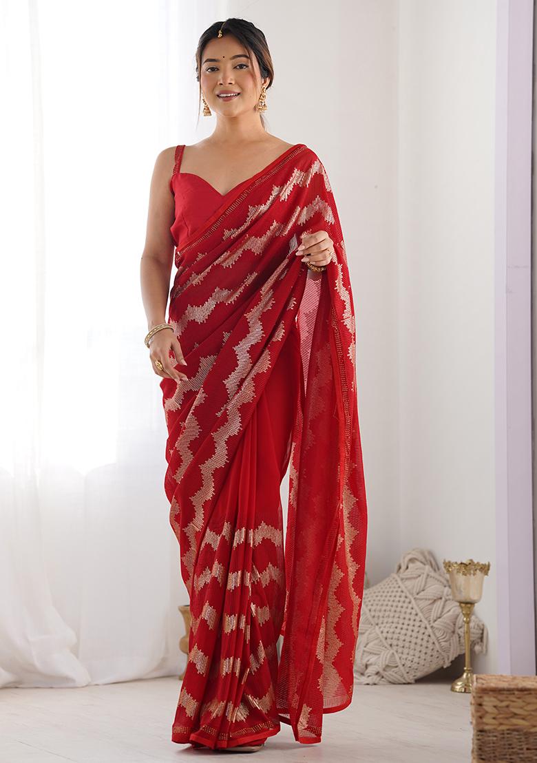 Red Sequin Work Georgette Saree Set