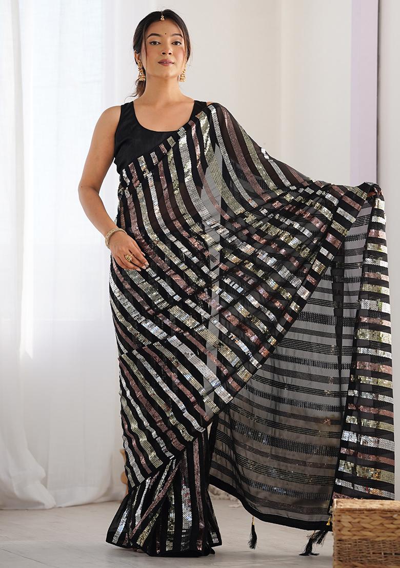 Black Sequin Work Georgette Saree Set