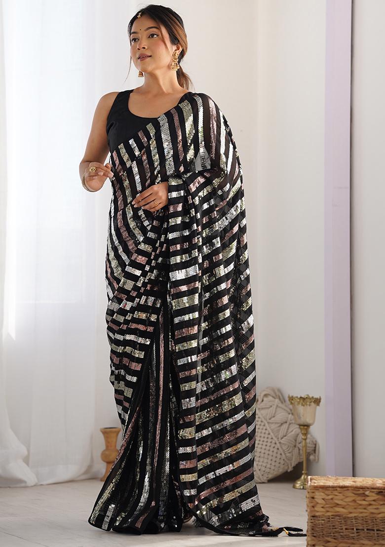 Black Sequin Work Georgette Saree Set