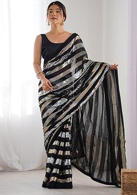 Black Sequin Work Georgette Saree Set