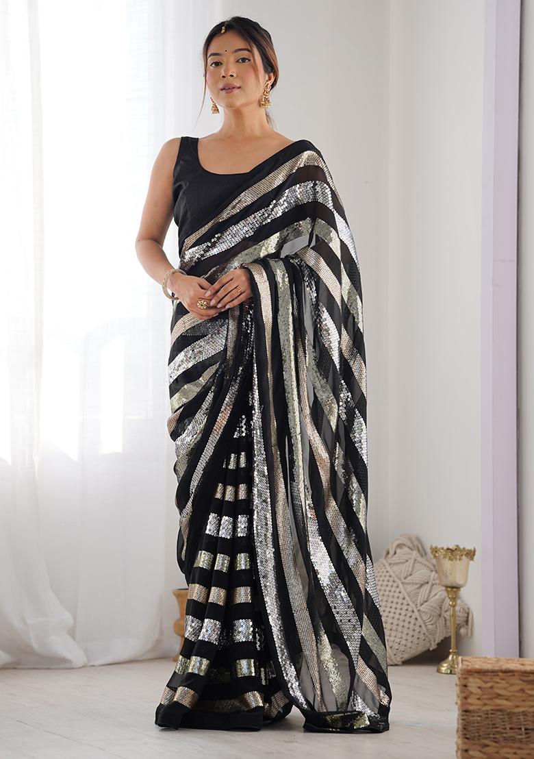 Black Sequin Work Georgette Saree Set