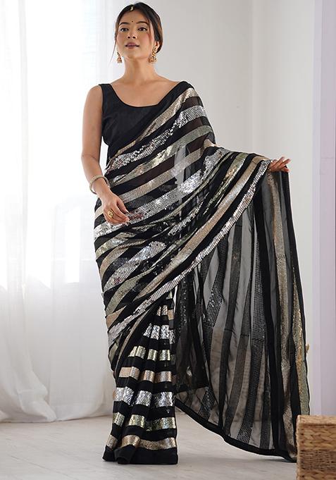 Black Sequin Work Georgette Saree Set