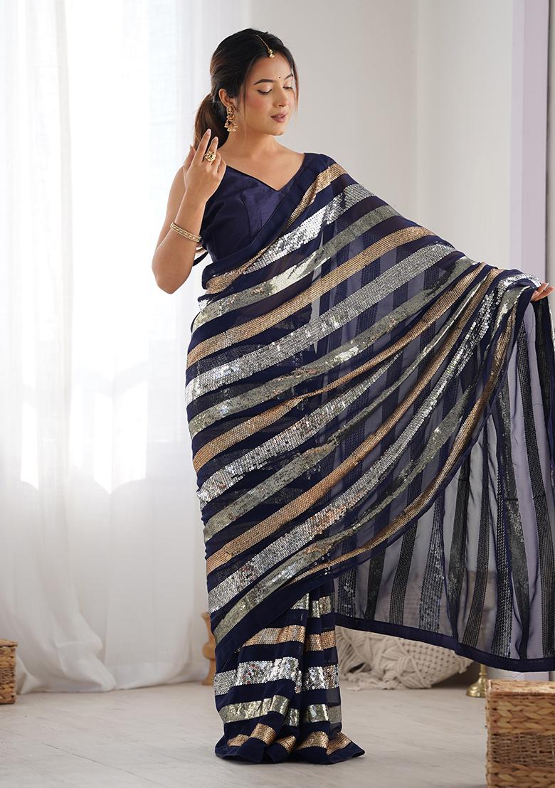 Blue Sequin Work Georgette Saree Set