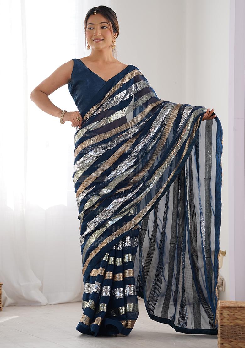 Teal Sequin Work Georgette Saree Set