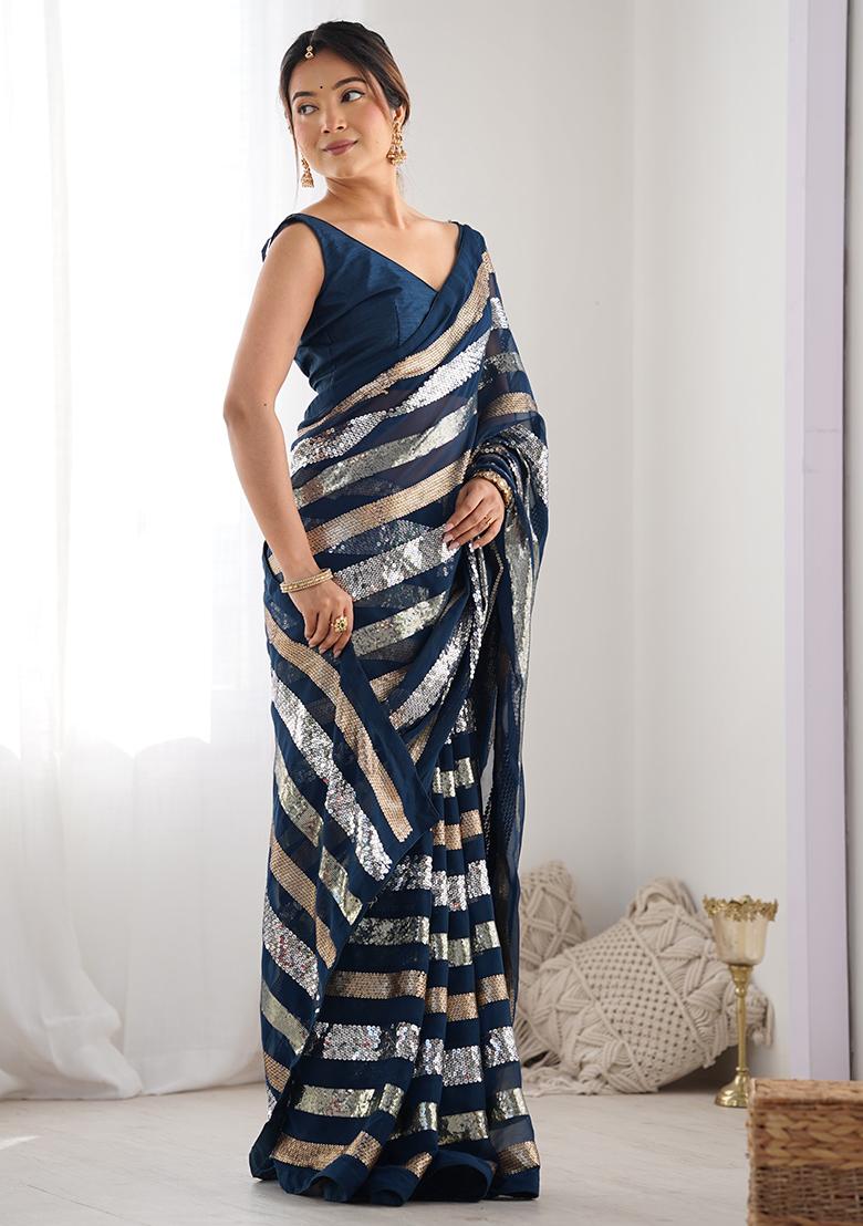 Teal Sequin Work Georgette Saree Set
