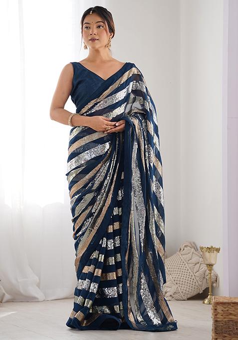 Teal Sequin Work Georgette Saree Set