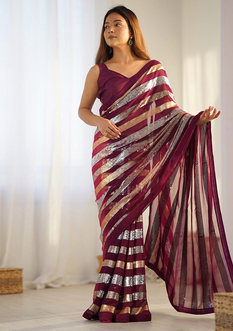 Wine Sequin Work Georgette Saree Set