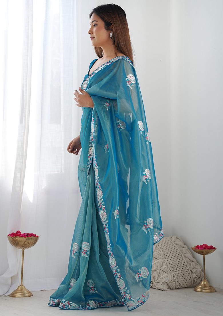 Teal Sequin Work Georgette Saree Set