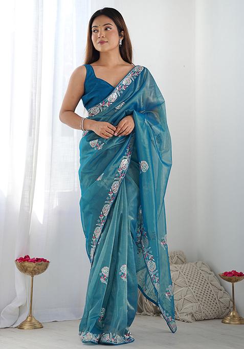 Teal Sequin Work Georgette Saree Set