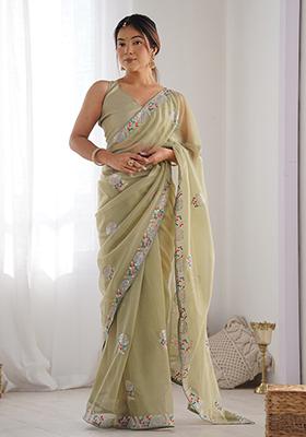 Green Sequin Work Georgette Saree Set