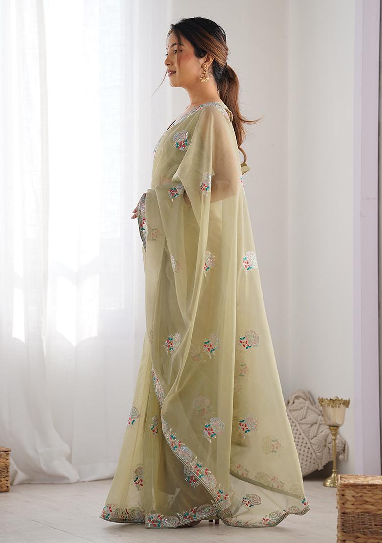 Green Sequin Work Georgette Saree Set