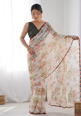 Off White Abstract Print Georgette Saree Set