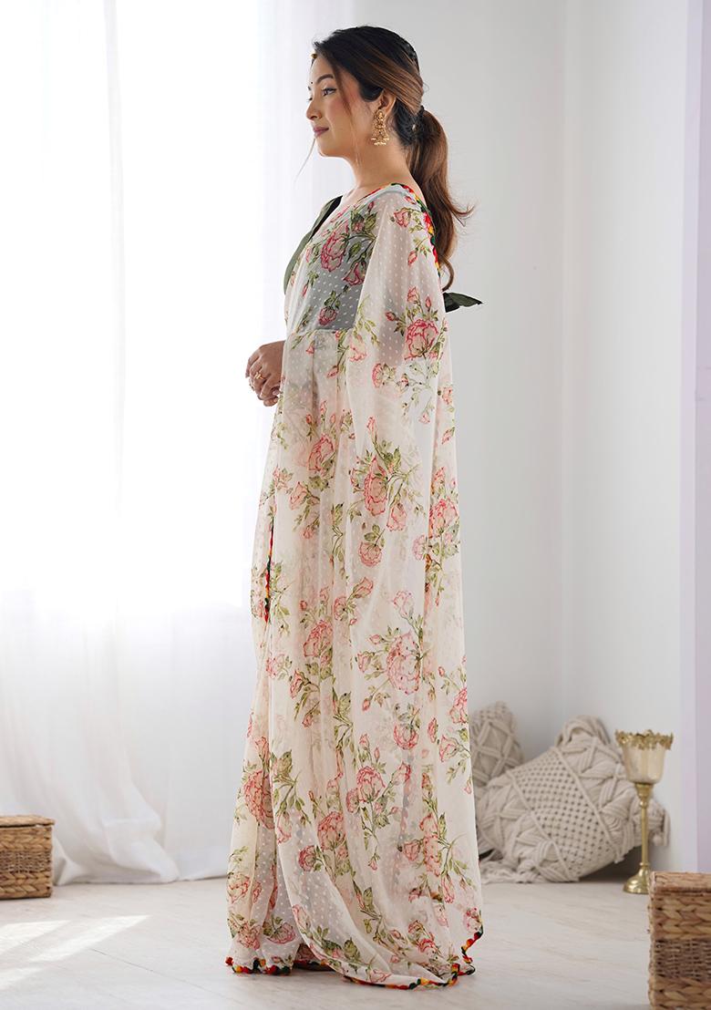 Off White Abstract Print Georgette Saree Set