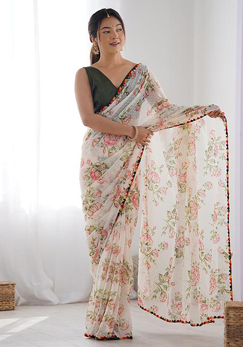 Off White Abstract Print Georgette Saree Set