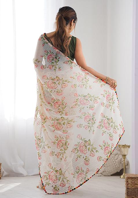 Off White Abstract Print Georgette Saree Set