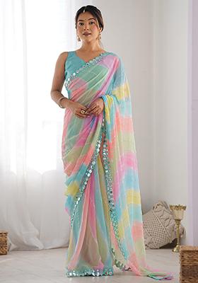 Multicolor Abstract Print Georgette Saree Set