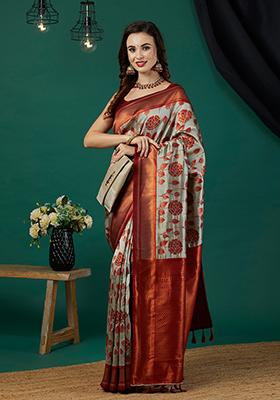 Grey Zari Woven Silk Saree Set