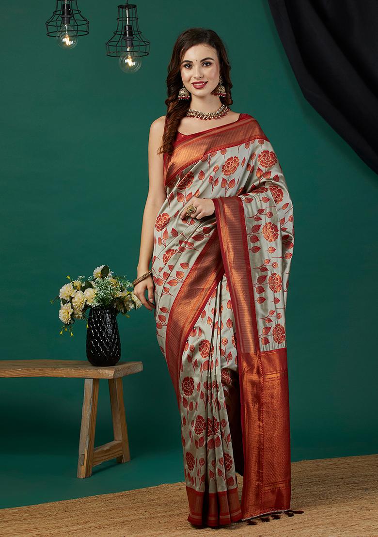 Grey Zari Woven Silk Saree Set