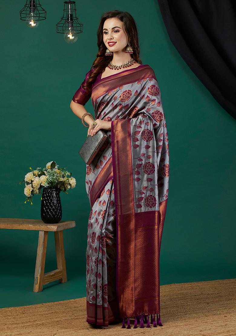 Lavender Zari Woven Silk Saree Set