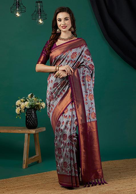 Lavender Zari Woven Silk Saree Set