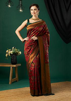 Maroon Zari Woven Silk Saree Set