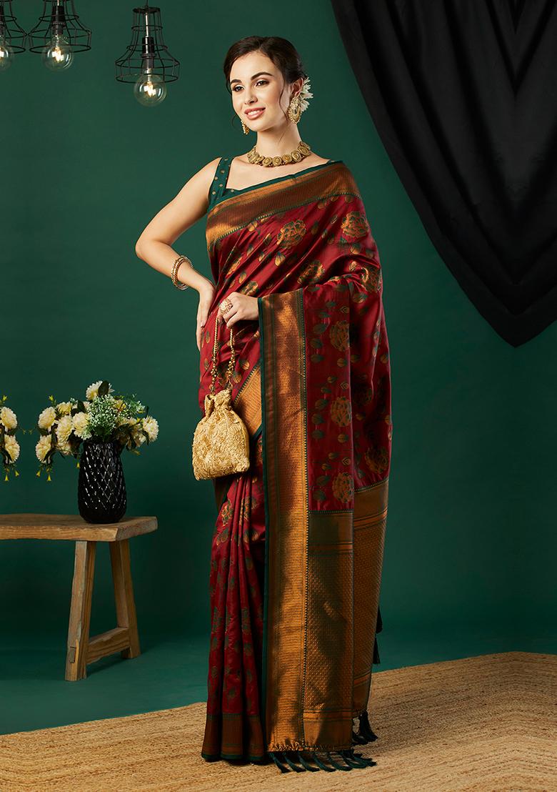 Maroon Zari Woven Silk Saree Set