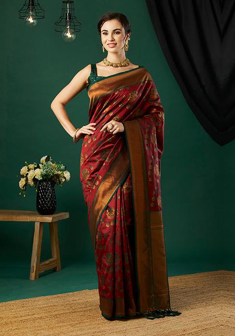 Maroon Zari Woven Silk Saree Set