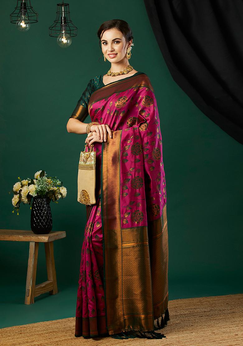 Pink Zari Woven Silk Saree Set