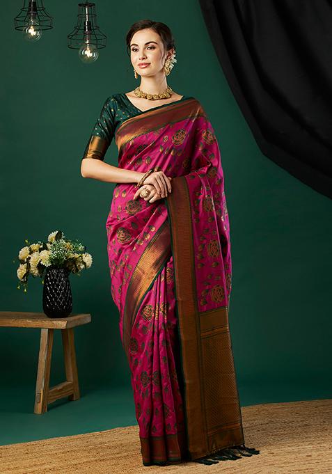 Pink Zari Woven Silk Saree Set