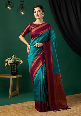 Blue Zari Woven Silk Saree Set
