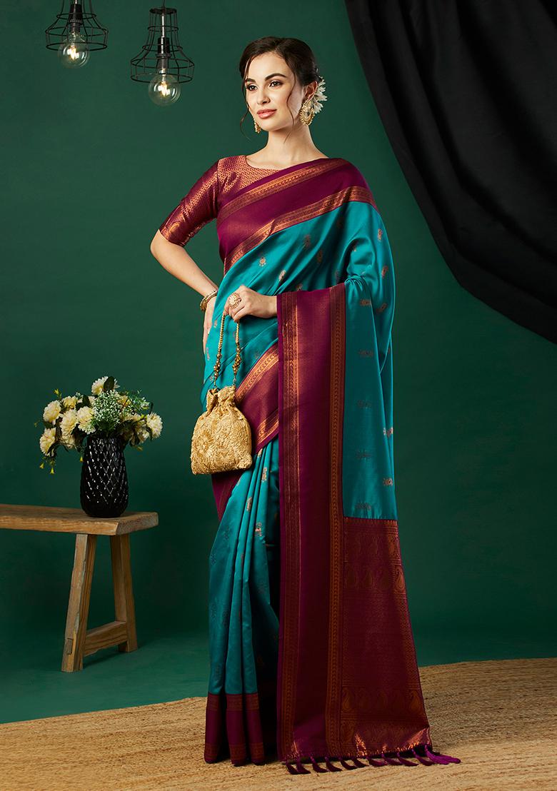Blue Zari Woven Silk Saree Set