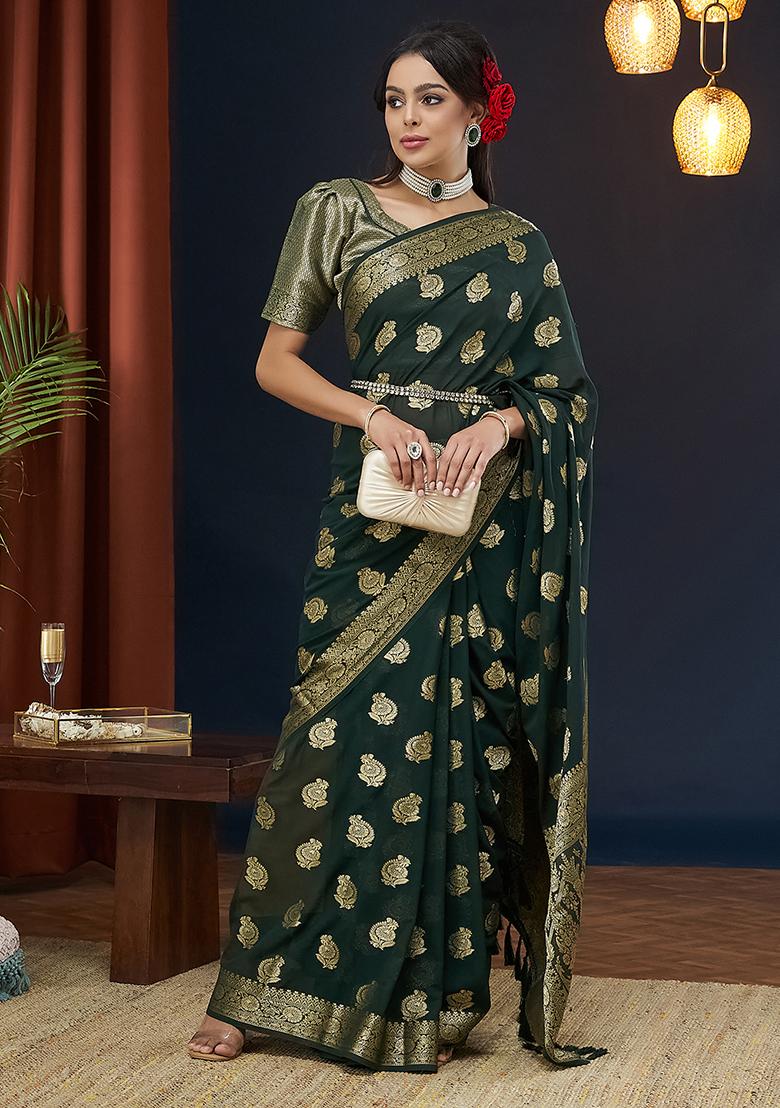 Green Zari Woven Georgette Saree Set