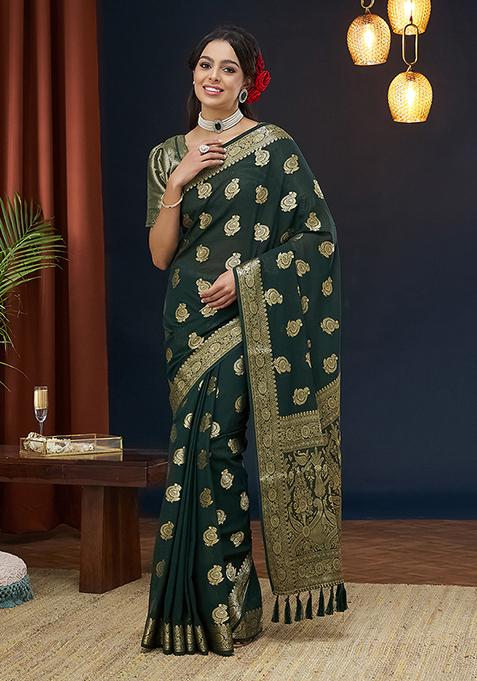 Green Zari Woven Georgette Saree Set