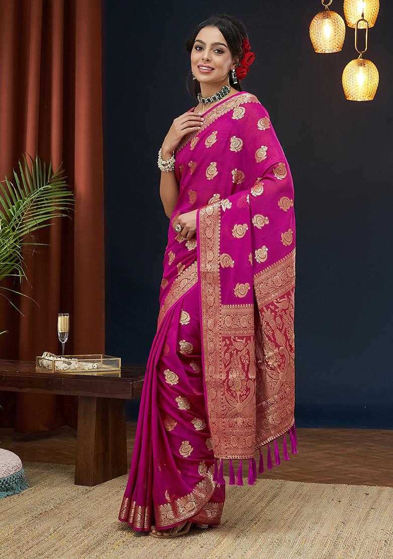 Pink Zari Woven Georgette Saree Set