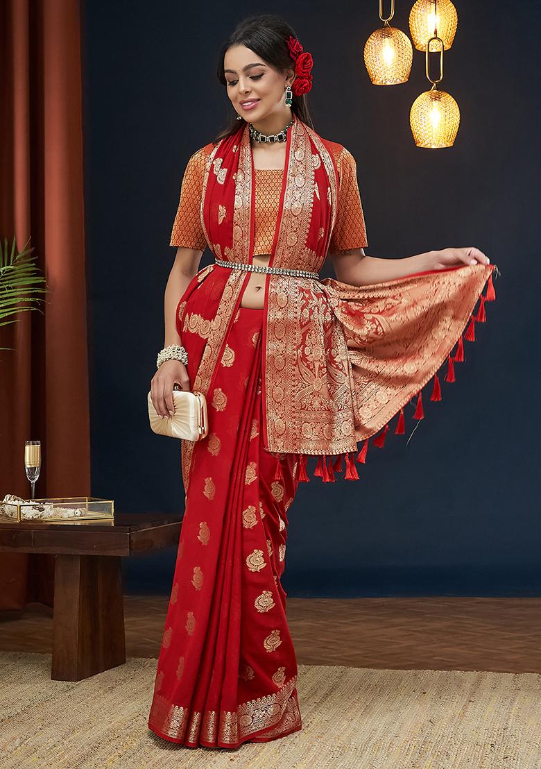 Red Zari Woven Georgette Saree Set